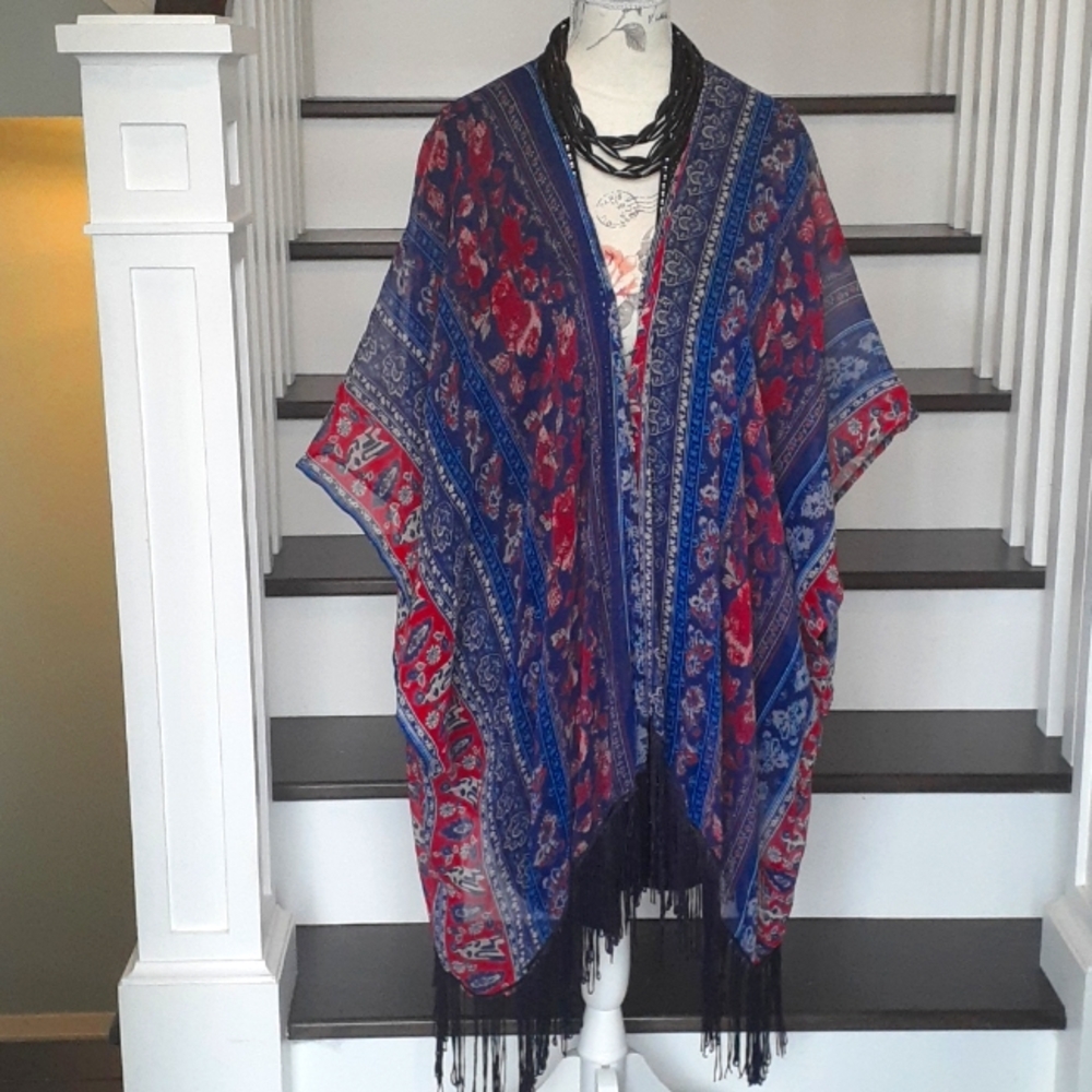 # Forever 21 Boho Kimono Fringed Open Front Wrap Topper